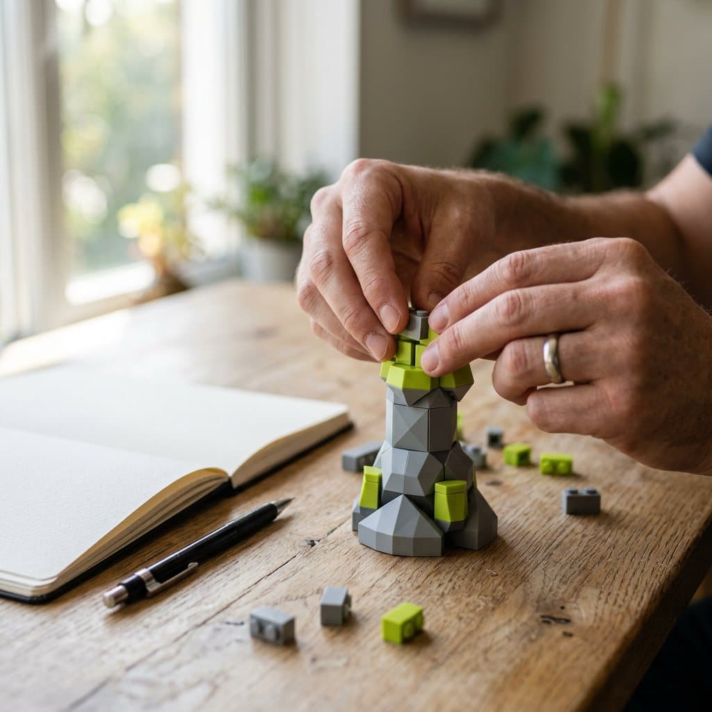Mains assemblant de petites briques grises et vertes en une tour sur un bureau en bois