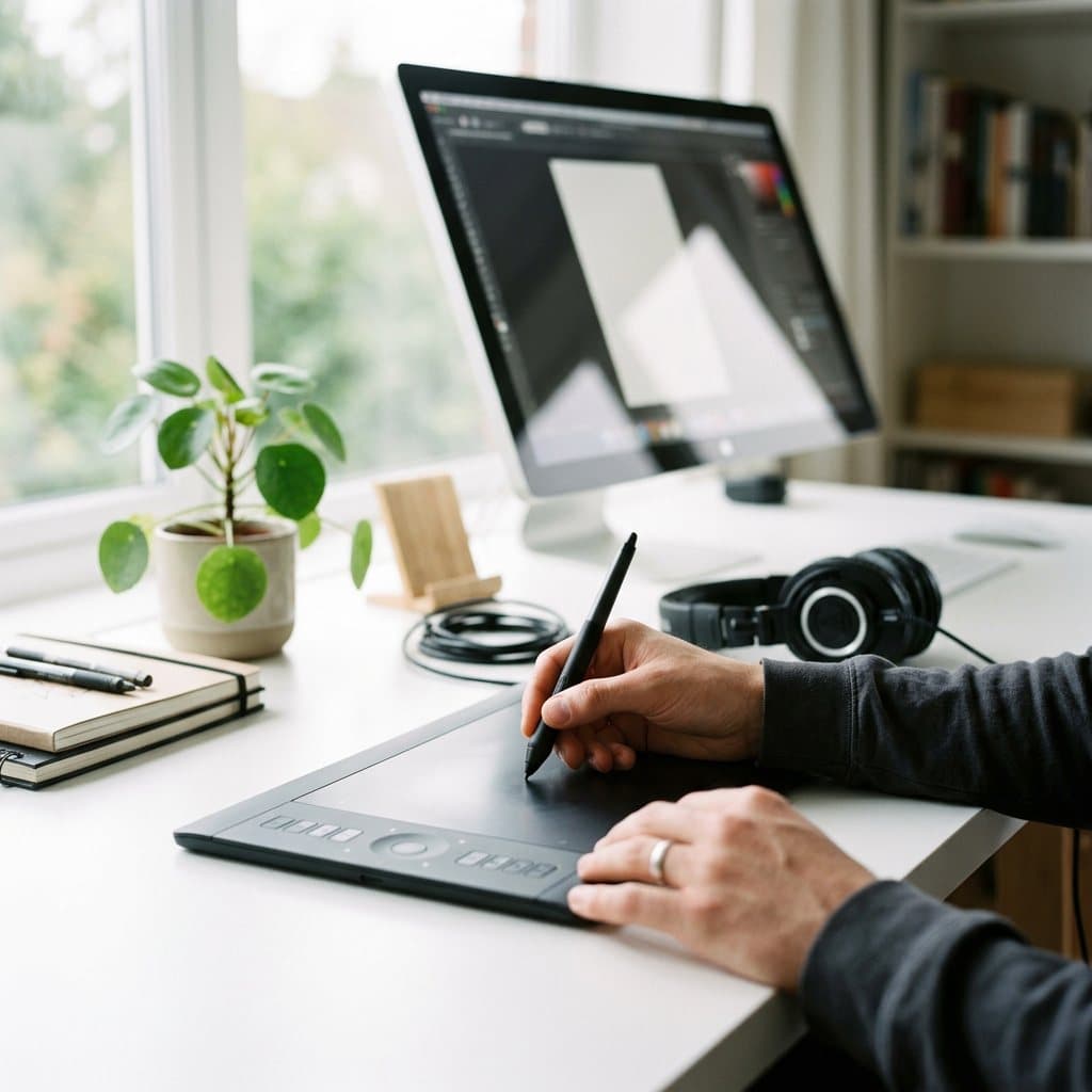 Main tenant un stylet au-dessus d'une tablette graphique sur un bureau blanc