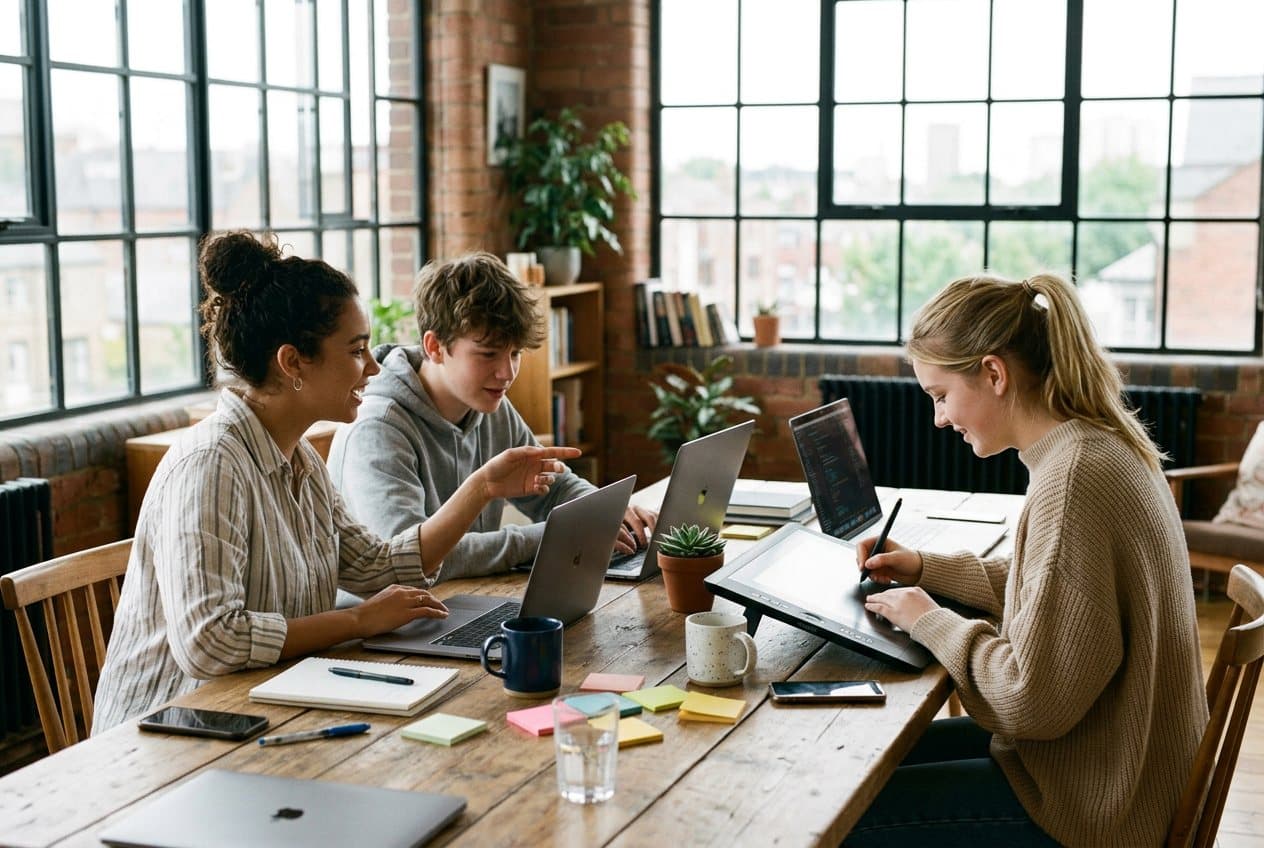 Trois jeunes créateurs travaillant ensemble à un long bureau, l'un montrant l'écran d'un autre