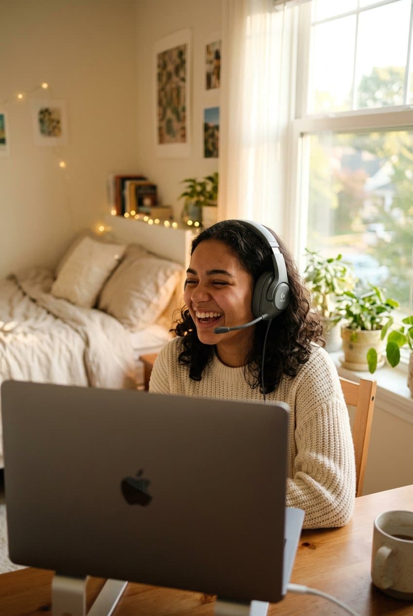 Jeune personne avec un casque micro qui rit en discutant avec un ami près d'une fenêtre